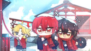 1girl 2boys :3 ahoge black_hair black_jacket black_kimono blonde_hair blue_sky braid braided_ponytail chibi chibi_only closed_mouth cloud coin commentary dokibird dragoon_(dokibird) english_commentary facial_mark fang feather_hair glasses green_eyes hair_between_eyes hakama highres holding_hands holed_coin indie_utaite indie_virtual_youtuber jacket japanese_clothes kimono kuro_kurenai low_ponytail multicolored_hair multiple_boys new_year obi obijime open_mouth outdoors plaid_clothes plaid_scarf ponytail red-framed_eyewear red_eyes red_hair red_jacket red_scarf red_streaks sandals sash scarf short_eyebrows short_hair shrine skin_fang sky smile snow snow_on_head streaked_hair tan tokumei_a0 torii twitter_username virtual_youtuber whispers_(k9) xandu_(utaite)