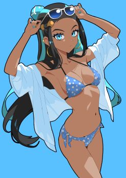 Rule 34 | 1girl, absurdres, aqua hair, bikini, black hair, blue background, blue bikini, blue eyes, blue nails, breasts, closed mouth, cowboy shot, crop top, dark skin, earrings, eyewear on head, front-tie bikini top, front-tie top, highres, hoop earrings, jewelry, long hair, matsuokalive10, medium breasts, navel, nessa (pokemon), nintendo, open clothes, open shirt, pokemon, pokemon swsh, polka dot, polka dot bikini, purple-tinted eyewear, revision, shirt, simple background, solo, stomach, sunglasses, swimsuit, tinted eyewear, triangle bikini top, very long hair, white shirt