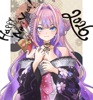 1girl :3 absurdres ahoge arrow_(projectile) black_kimono blue_eyes commentary_request floral_background floral_print floral_print_kimono hair_bun hamaya happy_new_year highres hololive hololive_dev_is japanese_clothes kikirara_vivi kikirara_vivi_(new_year) kimono long_hair mori_nox multicolored_hair new_year pink_hair print_kimono purple_hair twitter_username two-tone_hair virtual_youtuber