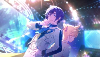 2boys ;d age_difference back-to-back backlighting belt blazer blonde_hair blue_eyes blue_hair blue_nails blue_ribbon blue_theme blurry blurry_background buttons closed_eyes closed_mouth colorful_palette concert cowboy_shot dark_blue_hair diffraction_spikes dot_nose dutch_angle fingernails floral_print from_side grin hair_ribbon hand_on_own_hip hand_to_own_mouth hand_up head_tilt height_difference high_ponytail highres jacket kagamine_len kaito_(vocaloid) lapels lead_to_shine_more_(project_sekai) lens_flare light_particles light_smile looking_at_viewer looking_down male_focus more_more_jump!_(project_sekai) more_more_jump!_kaito more_more_jump!_len multiple_boys name_tag official_art one_eye_closed open_mouth pants parted_bangs pink_ribbon ponytail profile project_sekai ribbon screen shirt shirt_tucked_in short_ponytail sidelighting silver_trim smile spotlight stage stage_lights stairs standing striped_ribbon teeth third-party_source toggles truss two-tone_shirt upper_teeth_only vertical-striped_ribbon vocaloid waist_cape white_belt white_jacket white_pants white_ribbon white_shirt yellow_ribbon yellow_shirt