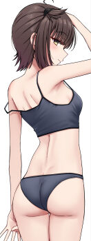 1girl absurdres ass back black_camisole black_panties brown_eyes brown_hair camisole commentary_request from_behind hatsuzuki_(kancolle) highres kantai_collection kiritto looking_at_viewer looking_back panties short_hair simple_background solo underwear white_background
