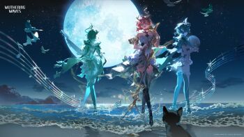 1girl absurdres bare_shoulders beamed_eighth_notes bird black_cat boots cat ciaccona_(wuthering_waves) closed_eyes commentary copyright_notice dress english_commentary full_moon green_boots hair_between_eyes highres holding holding_microphone_stand horns logo medium_hair microphone_stand moon multiple_persona music musical_note night no_jacket ocean official_art open_mouth outdoors red_hair shore singing sky solo tacet_mark_(wuthering_waves) thigh_boots thighs tree_horns white_bird white_dress wuthering_waves