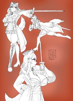 1girl animal_ears between_breasts breasts chisaka_airi commission large_breasts necktie necktie_between_breasts phase_connect rapier second-party_source stepyon sword tail virtual_youtuber weapon wolf_ears wolf_tail