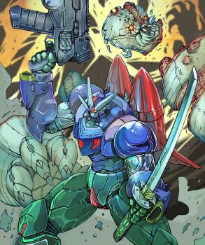 armor biomechanical blue_armor bullet_hole decapitation drill dual_wielding getter_go getter_robo getter_robo_go glowing glowing_eyes green_armor gun highres holding holding_gun holding_sword holding_weapon jetpack katana mecha mecha_focus monster multicolored_armor no_humans red_armor red_eyes robot science_fiction sharp_teeth sliced super_robot sword teeth thrusters weapon yamanushi yellow_eyes