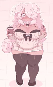 1girl animal_ears bare_shoulders blush breasts closed_mouth commentary english_commentary floppy_ears full_body hair_over_one_eye highres large_breasts long_hair long_sleeves looking_at_viewer off_shoulder original sillydogjoe solo standing tail thick_thighs thighhighs thighs