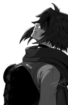 1girl artist_name blood blood_on_face breasts bruise bruise_on_face bruised_eye cape choker corset greyscale hair_over_one_eye highres hood hooded_cape injury kaneki_profile_picture_(meme) long_sleeves looking_up medium_breasts meme moddedjoker monochrome parted_lips ruby_rose rwby short_hair signature solo torn_clothes upper_body