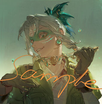 1boy absurdres bandaged_arm bandaged_chest bandages brown_gloves choker commentary_request earrings facial_mark fang gem gloves green_eyes green_gemstone green_jacket hair_intakes hair_tubes highres identity_v jacket jewelry looking_at_viewer luca_balsa luca_balsa_(viper) male_focus official_alternate_costume panni_xing sample_watermark sidelocks solo watermark white_choker white_hair