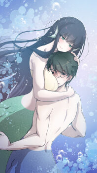 1boy 1girl air_bubble between_breasts bikini black_hair blue_background blue_tail blush breasts brown_eyes bubble commentary_request completely_nude cropped_tail face_between_breasts fins green_eyes green_hair green_tail hair_between_eyes head_between_breasts head_fins highres hug komena_(shinyday312) long_hair long_sidelocks medium_breasts medium_hair merfolk mermaid merman monster_boy monster_girl nude original round_eyewear scales shell shell_bikini sidelocks sweat swimming swimsuit underwater very_long_sidelocks
