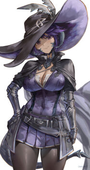 1girl absurdres atiarta7 au_ra black_cloak black_pantyhose breasts cleavage cloak closed_mouth commentary commission cowboy_shot dragon_girl dragon_tail final_fantasy final_fantasy_xiv gauntlets hand_on_own_hip hat highres large_breasts looking_at_viewer pantyhose picture_hat pleated_skirt purple_eyes purple_hair scales simple_background skirt solo tail twitter_username warrior_of_light_(ff14) white_background wide_brim