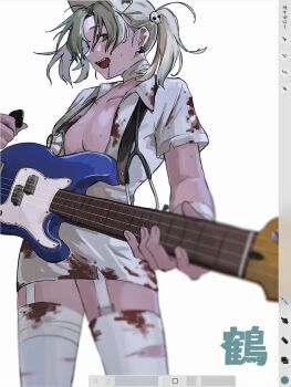 1girl art_program_in_frame bandaged_arm bandaged_leg bandaged_neck bandages bass_guitar blood blood_on_clothes blood_on_face body_freckles breasts character_name chest_freckles collared_dress commentary_request cowboy_shot dress fake_blood fender_precision_bass freckles futsuu_no_keion-bu garter_straps grey_eyes grey_hair hair_ornament halloween_costume hat highres holding holding_bass_guitar holding_instrument holding_plectrum instrument kusakabe_(kskb_e) medium_breasts no_bra nurse nurse_cap official_alternate_costume official_alternate_hairstyle open_clothes open_dress open_mouth parted_bangs plectrum procreate_(software) short_dress short_sleeves skull_hair_ornament solo stethoscope stethoscope_around_neck thighhighs torn_clothes torn_dress tsuru_asaka twintails white_background white_thighhighs
