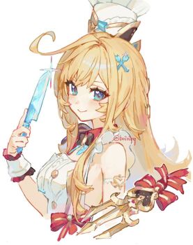 1girl ahoge apron blonde_hair blue_eyes boioioq bow chef_hat commentary escoffier_(genshin_impact) genshin_impact hat holding holding_knife kitchen_knife knife long_hair polearm red_bow smile symbol-only_commentary trident weapon white_apron wrist_cuffs