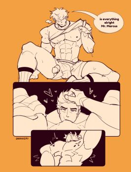 2boys abs absurdres alternate_costume alternate_muscle_size artist_name bara barakkery bare_pectorals clothes_lift commentary commission contemporary english_commentary english_text fellatio fire_emblem fire_emblem:_the_blazing_blade hair_over_eyes highres large_pectorals lifting_own_clothes lowen_(fire_emblem) male_focus marcus_(fire_emblem) multiple_boys muscular muscular_male nintendo nipples oral pectorals penis shirt_lift short_hair short_shorts shorts sketch socks speech_bubble sweat yaoi