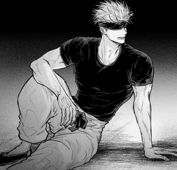 Rule 34 | 1boy, adam's apple, arm support, baggy pants, blindfold, commentary request, compression shirt, covered pectorals, facing to the side, gojou satoru, greyscale, jujutsu kaisen, male focus, monochrome, nay bb, on floor, pants, pectorals, short hair, sitting, solo, veins, veiny arms