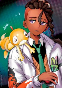 Rule 34 | +++, 1boy, brown hair, collared shirt, commentary request, dark-skinned male, dark skin, eyelashes, gen 5 pokemon, green necktie, hair between eyes, hayashi rentaro, highres, holding, holding poke ball, jacket, loose hair strand, male focus, naveen (pokemon), necktie, nintendo, on shoulder, open clothes, open jacket, orange vest, poke ball, poke ball (basic), pokemon, pokemon (creature), pokemon legends: z-a, pokemon on shoulder, print jacket, scraggy, shirt, undercut, upper body, vest, white jacket