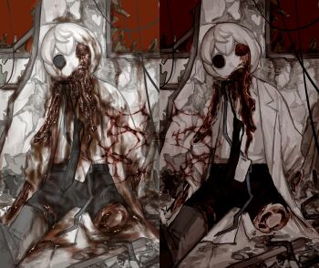 1boy black_necktie black_pants blood blood_on_clothes blood_on_face broken_window corpse cuts death flesh guro highres horror_(theme) injury necktie on_wall original pants severed_leg severed_limb shirt solo teeth white_hair white_shirt wuwuren