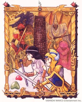 1980s_(style) 1girl armor black_hair blonde_hair boots brown_hair circlet closed_mouth cover dress druaga_(character) druaga_no_tou druid_(druaga) elbow_gloves fingerless_gloves full_armor gilgamesh_(druaga) gloves gold_armor helmet holding holding_shield holding_sword holding_weapon jewelry ki_(druaga) long_hair namco official_art oldschool open_mouth promotional_art quox_(druaga) red_knight_(druaga) retro_artstyle shield shinozaki_yuichiro skirt smile sword thighhighs tower video_game_cover weapon