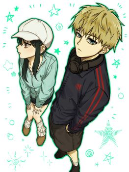 1boy 1girl alternate_costume anyabo9sheepda black_hair blonde_hair breasts cleavage commentary_request hat highres husband_and_wife jacket korean_commentary large_breasts long_hair looking_at_viewer red_eyes shorts sidelocks spy_x_family track_jacket twilight_(spy_x_family) yor_briar