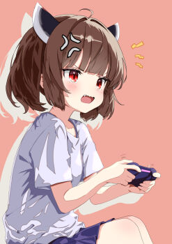 1girl anger_vein angry blue_skirt brown_background brown_hair commentary_request controller drop_shadow game_controller headgear highres hogihogi3ta holding holding_controller holding_game_controller notice_lines open_mouth playing_games playing_video_games red_eyes shirt short_hair shout_lines simple_background sitting skirt solo t-shirt touhoku_kiritan variant_set voiceroid white_shirt