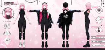 1girl 3d back_cutout beanie black_hat black_jacket black_pants black_shirt black_shoes clothing_cutout denim glasses hat highres hololive hololive_english jacket jeans mori_calliope mori_calliope_(the_story_thus_far) multiple_views nanoless official_alternate_costume official_art pants pink_hair red_eyes reference_sheet shirt shoes skull_print torn_clothes torn_jeans torn_pants turnaround virtual_youtuber white_shoes wolf_cut
