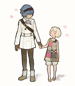 1boy 1girl absurdres black_choker black_gloves blonde_hair bloomers blue_hair blush boots choker closed_eyes closed_mouth commentary_request dress flower_symbol full_body gloves hair_between_eyes hairband highres holding_hands long_sleeves maria_(metaphor:_refantazio) metaphor:_refantazio open_mouth patchwork_clothes protagonist_(metaphor:_refantazio) shoes short_hair simple_background sleeveless sleeveless_dress smile standing underwear white_bloomers yup_ym