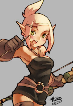 Rule 34 | 1girl, 2013, ankama, armpits, arrow (projectile), bare shoulders, belt, black dress, blonde hair, blush, blush stickers, boots, bow (weapon), breasts, cra (wakfu), cra f, dated, dress, evangelyne (wakfu), female focus, freckles, gloves, green eyes, grey background, hair ornament, hairclip, half updo, halterneck, junkpuyo, medium breasts, open mouth, pointy ears, ponytail, short dress, short hair, simple background, solo, thigh boots, thighhighs, wakfu, weapon, zettai ryouiki