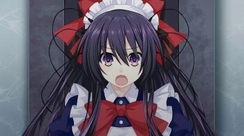 1girl apron bow bowtie date_a_live date_a_live:_spirit_pledge game_cg hair_bow long_hair maid maid_apron maid_headdress official_art open_mouth puffy_sleeves purple_eyes purple_hair red_bow red_bowtie solo third-party_source v-shaped_eyebrows wire yatogami_tohka