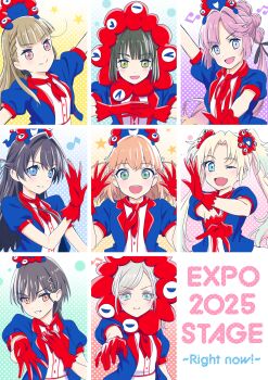 &gt;:) 6+girls :d ;d absurdres anyoji_hime black_hair black_ribbon blonde_hair blue_eyes blue_hair blue_jacket braid brown_hair center-flap_bangs ceras_yanagida_lilienfeld commentary_request curtained_hair expo2025 fang gloves gradient_hair green_eyes green_hair grey_hair hagisiri_kuma hair_intakes hair_ornament hair_ribbon half_updo highres hinoshita_kaho jacket jellyfish_cut kachimachi_kosuzu katsuragi_izumi long_hair looking_at_viewer medium_hair momose_ginko multi-tied_hair multicolored_hair multiple_girls murano_sayaka myaku-myaku official_alternate_costume one_eye_closed open_clothes open_hands open_jacket open_mouth orange_hair osawa_rurino pink_eyes pink_hair ponytail puffy_short_sleeves puffy_sleeves rabbit_hair_ornament red_gloves ribbon short-sleeved_jacket short_sleeves side_braids skin_fang smile triangle_hair_ornament two_side_up v-shaped_eyebrows