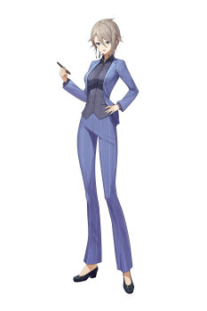 Rule 34 | 1girl, :d, absurdres, alternate costume, ange (princess principal), black shirt, blue eyes, blue jacket, blue pants, blue suit, breasts, brown hair, commentary request, commission, formal clothes, full body, highres, holding, holding pencil, jacket, looking at viewer, medium breasts, mytea (soso), open mouth, pant suit, pants, pencil, princess principal, shirt, short hair, skeb commission, smile, solo, standing, suit, very short hair, white background