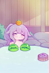 1girl animated aya_chan1221 bathing blush bucket closed_eyes flat_chest food fruit hololive hololive_english koseki_bijou long_hair nude onsen open_mouth outdoors pebble_(koseki_bijou) ponytail purple_hair smile sound suika_game tagme turn_pale video virtual_youtuber water watermelon