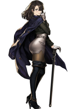 1girl ass brave_nine breasts brown_dust brown_dust_(series) brown_hair cane cape curvy dress_shirt female_focus highres laura_(brown_dust) map military military_uniform shirt smirk solo