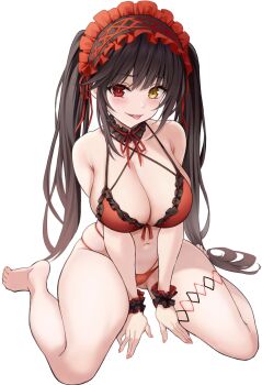 1girl :p asymmetrical_hair azur_lane barefoot bikini black_hair blush breasts cleavage clock_eyes date_a_live frilled_hairband frills hairband heterochromia highres large_breasts long_hair looking_at_viewer red_bikini red_eyes saint_laurent_paris sitting solo swimsuit symbol-shaped_pupils thighs tokisaki_kurumi tokisaki_kurumi_(spirit) tokisaki_kurumi_(twin_rose) tongue tongue_out twintails very_long_hair wariza yellow_eyes