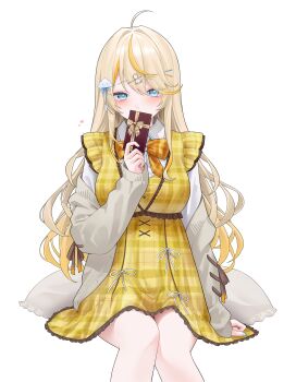 Rule 34 | 1girl, absurdres, ahoge, blonde hair, blonde streaks, blue eyes, blue nails, bow, bowtie, cardigan, cloud hair ornament, collared shirt, commentary request, covering own mouth, dress, frilled dress, frills, gfpebs, gift, gradient hair, grey cardigan, hair intakes, hair ornament, hairclip, heart, heart-shaped pupils, highres, holding, holding gift, invisible chair, kadou mikaru, long hair, looking at viewer, multicolored hair, nijisanji, no horns, off shoulder, open cardigan, open clothes, orange bow, orange bowtie, plaid bow, plaid bowtie, plaid clothes, plaid dress, shirt, short dress, simple background, sitting, sleeves past wrists, solo, streaked hair, symbol-shaped pupils, valentine, very long hair, virtual youtuber, white background, white shirt, yellow dress