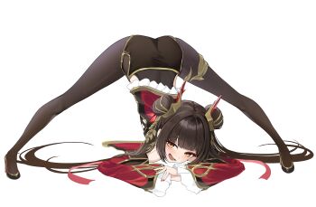 1girl :d absurdres bandaid bandaid_on_cheek bandaid_on_face black_pantyhose black_shorts black_survival blunt_bangs blush brown_hair clothing_cutout commentary detached_sleeves double_bun eternal_return:_black_survival eyeliner fake_antlers frilled_sleeves frills hair_bun hair_spread_out high_heels highres hip_vent jack-o'_challenge li_dailin looking_at_viewer makeup open_mouth pantyhose red_eyeliner red_nails red_ribbon ribbon shorts simple_background smile solo takealook top-down_bottom-up twintails white_background yellow_eyes