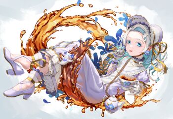 Rule 34 | 1girl, absurdres, alternate costume, black tea, blue hair, bonnet, collar, colored eyelashes, commentary request, cup, dress, earrings, flower earrings, frilled collar, frills, full body, gloves, gold ribbon, hand up, haneuzu miuneru, high heels, highres, holding, holding cup, jewelry, liquid, looking at viewer, multicolored hair, oxygenvil, playing with own hair, purple bonnet, purple dress, shoe dangle, simple background, solo, strappy heels, tea, teacup, teapot, tongue, tongue out, two-tone hair, virtual youtuber, voms, white background, white gloves, white hair