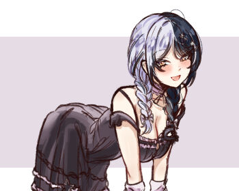 Rule 34 | 1girl, all fours, black hair, black nightgown, blush, bow, braid, breasts, cleavage, grey background, grey hair, hair bow, hair ornament, hololive, hololive english, large breasts, letterboxed, long hair, looking at viewer, low twin braids, multicolored hair, nightgown, official alternate costume, official alternate hairstyle, open mouth, penguin stamp, pink bow, shiori novella, shiori novella (sleepwear), sleepwear, smile, solo, split-color hair, star (symbol), star hair ornament, twin braids, two-tone hair, virtual youtuber, yellow eyes