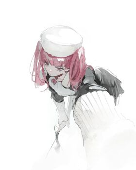 1girl absurdres bent_over black_dress bleach blunt_bangs closed_mouth dokugamine_riruka dress gloves hat highres kanji_(nievart) long_hair long_sleeves looking_at_viewer outstretched_arm pink_eyes pink_hair solo twintails white_background white_gloves white_hat