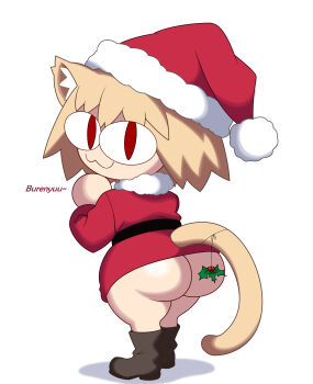 1girl animal_ears ass blonde_hair boots cat_ears cat_girl cat_tail hat highres jutsaposition looking_back melty_blood merry_christmas mistletoe neco-arc no_panties red_eyes santa_costume santa_hat simple_background tail thick_thighs thighs tsukihime white_background