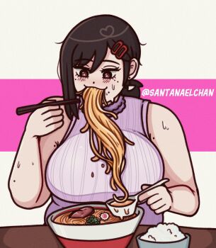 1girl armpit_crease black_hair blush bowl breasts brown_eyes chainsaw_man chopsticks eating fat fat_woman food grey_background hair_ornament hairclip higashiyama_kobeni highres holding holding_chopsticks holding_spoon huge_breasts meat medium_hair mole mole_on_arm mole_under_each_eye mole_under_eye mole_under_mouth multiple_moles noodles pasta purple_shirt ramen rice santanaelchan shirt sleeveless sleeveless_shirt solo spoon sweat table twitter_username upper_body