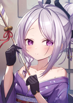 1girl arrow_(projectile) bare_shoulders black_gloves black_horns blue_archive blush braid breasts closed_mouth collarbone commentary_request demon_girl demon_horns gloves hair_bun hamaya highres hina_(blue_archive) holding holding_arrow horns japanese_clothes kimono long_sleeves looking_at_viewer obi paid_reward_available purple_eyes purple_hair purple_kimono sash side_braid single_braid single_hair_bun small_breasts smile solo uneg variant_set wide_sleeves