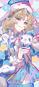 1boy androgynous artist_request blonde_hair blue_eyes blue_sclera bow character_hat cinnamoroll colored_sclera commission creature curled_ends frilled_sleeves frills hair_intakes highres holding holding_creature identity_v joseph_desaulniers joseph_desaulniers_(dreamy_cinnamoroll) male_focus official_alternate_costume ouji_fashion puffy_sleeves sanrio second-party_source solid_eyes upper_body white_bow