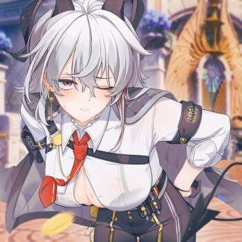 1girl absurdres ahoge arm_pouch armband bent_over black_armband black_bra black_horns black_jacket black_pants black_tail bra bra_visible_through_clothes chest_harness chinese_commentary closed_mouth collared_shirt commentary_request cowboy_shot curled_horns demon_tail game_screenshot_background hair_between_eyes harness high-waist_pants highres horns iblod jacket jacket_on_shoulders looking_at_viewer mole mole_under_eye necktie one_eye_closed pants partially_unbuttoned popped_button red_eyes red_necktie screenshot_background shirt shirt_tucked_in solo tail underwear white_shirt wuthering_waves zani_(wuthering_waves)