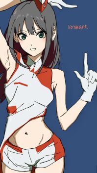 1girl alternate_costume arm_up black_hair bloom_into_me15 blue_background commentary cowboy_shot earrings garrison_cap gloves green_eyes grin groin hand_up hat highres idolmaster idolmaster_cinderella_girls jewelry long_hair looking_at_viewer midriff mini_hat navel shibuya_rin shirt shorts simple_background sleeveless sleeveless_shirt smile solo standing two-tone_headwear two-tone_shirt two-tone_shorts voy@ger_(idolmaster) white_gloves white_shirt white_shorts