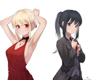 2girls adjusting_clothes adjusting_hair adjusting_necktie arm_behind_head armpits arms_up black_collar black_hair black_jacket blonde_hair breasts closed_mouth collar dress formal_clothes highres inoue_takina jacket jewelry long_hair looking_at_viewer luma_li lycoris_recoil medium_breasts multiple_girls necktie nishikigi_chisato pendant pixiv_id ponytail purple_eyes red_dress red_eyes red_necktie shirt short_hair sidelocks signature simple_background smile suit vest white_background