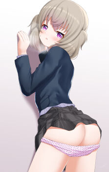 1girl blue_jacket blush brown_hair female_focus grey_skirt highres jacket loli looking_at_viewer panties panty_pull pink_panties plaid_clothes plaid_skirt polka_dot polka_dot_panties print_panties purple_eyes sakamatashachi school_uniform skirt slow_loop solo sweat underwear yoshinaga_koi