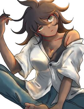 Rule 34 | 1girl, barefoot, black bra, blue pants, bra, breasts, brown hair, cleavage, collarbone, commentary request, danganronpa (series), danganronpa 2: goodbye despair, dark-skinned female, dark skin, eyelashes, green eyes, hair between eyes, kiri (2htkz), medium hair, owari akane, pants, shirt, simple background, single bare shoulder, sitting, solo, underwear, white background, white shirt