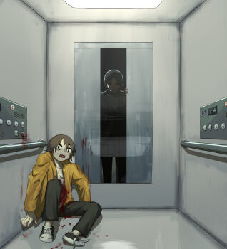 Rule 34 | 2boys, absurdres, avogado6, black eyes, black pants, blood, blood on clothes, bloody handprints, ceiling light, constricted pupils, converse, corner, elevator, elevator door, evil smile, grey hair, handprint, handrail, highres, hood, hooded jacket, horror (theme), jacket, mirror, multiple boys, on floor, open clothes, open jacket, open mouth, original, pants, reflection, scared, shoes, sitting, smile, sweat, untied shoelaces, yellow jacket