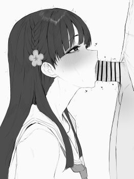 1boy 1girl absurdres bar_censor braid censored commentary_request commission dera_self fellatio flower from_side greyscale hair_flower hair_ornament heart hetero highres idolmaster idolmaster_cinderella_girls kobayakawa_sae long_hair monochrome oral paid_reward_available penis sailor_collar sailor_shirt shirt simple_background skeb_commission solo_focus straight_hair white_background