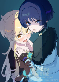 Rule 34 | 2boys, aether (genshin impact), annoyed, black gloves, blonde hair, blue eyes, blue hair, blush, commentary request, fatui coat, fur trim, genshin impact, gloves, highres, looking at viewer, male focus, mikan (akasa051), multiple boys, open mouth, saliva, scaramouche (genshin impact), tongue, tongue out, turtleneck, wanderer (genshin impact), yaoi, yellow eyes