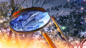 absurdres banishment blue_sky branch building cloud evening fantasy fish highres no_humans original power_lines scenery signature sky star_(sky) starry_sky sunset traffic_mirror tree utility_pole whale