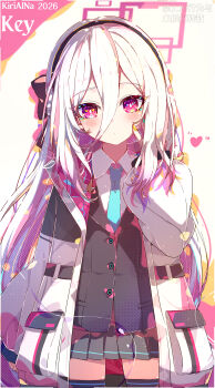 1girl absurdres artist_name black_skirt black_thighhighs black_vest blue_archive blue_necktie blush character_name closed_mouth collared_shirt commentary cowboy_shot double-parted_bangs hair_between_eyes halo hand_up highres jacket kei_(blue_archive) kiriaina long_hair long_hair_between_eyes long_sleeves necktie open_clothes open_jacket pink_eyes pink_halo pleated_skirt shirt simple_background skirt solo striped_clothes striped_skirt thighhighs vest watermark white_background white_hair white_jacket white_shirt zettai_ryouiki